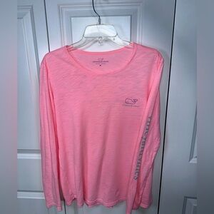 Vineyard Vines Neon Pink Long Sleeve Crew with Teal Logo